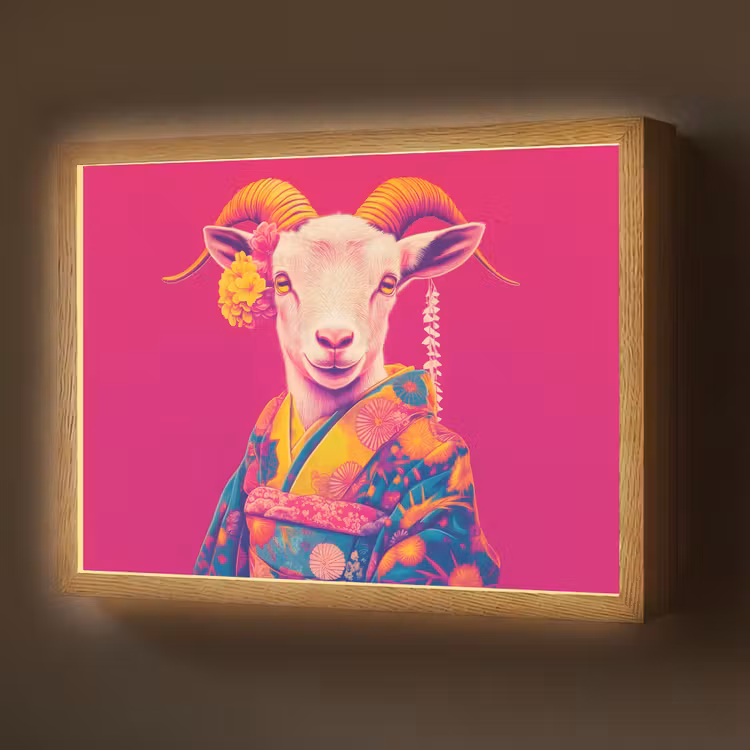 Geit - Hoorns - Kimono - Kleurrijk Light Box met batterij (Wandlamp) middel -z3d_website