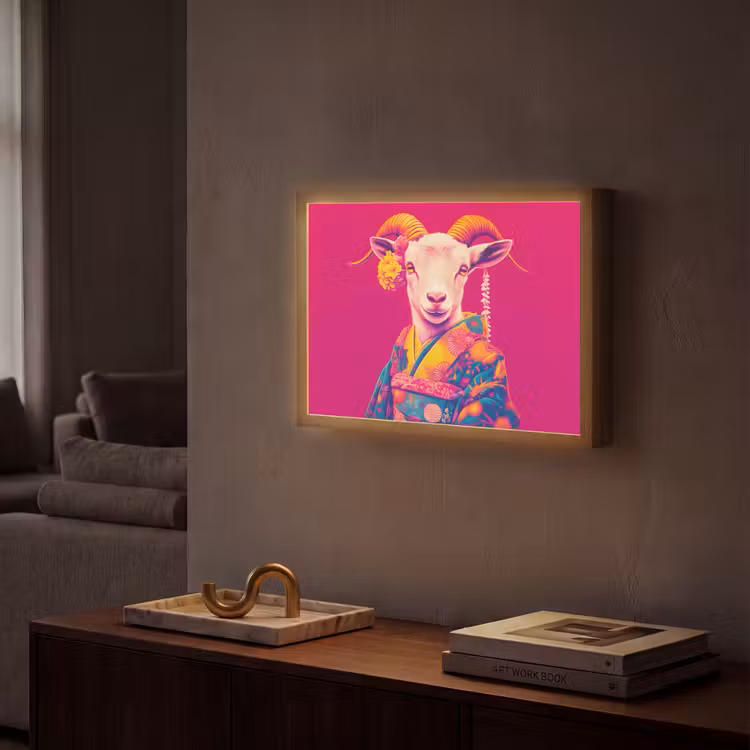 Geit - Hoorns - Kimono - Kleurrijk Light Box met batterij (Wandlamp) middel -sfeer1