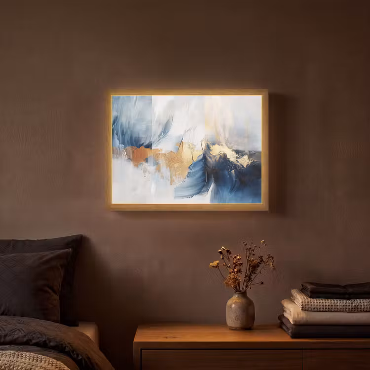 Goud - Blauw - Verf - Kunst - Modern Light Box met batterij (Wandlamp) middel -sfeer4
