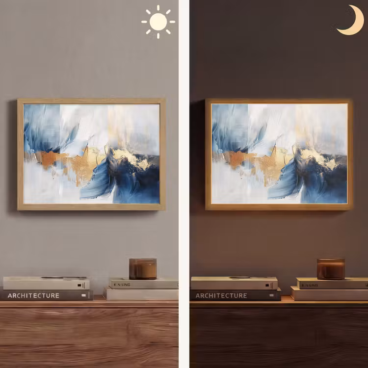 Goud - Blauw - Verf - Kunst - Modern Light Box met batterij (Wandlamp) middel -sfeer3