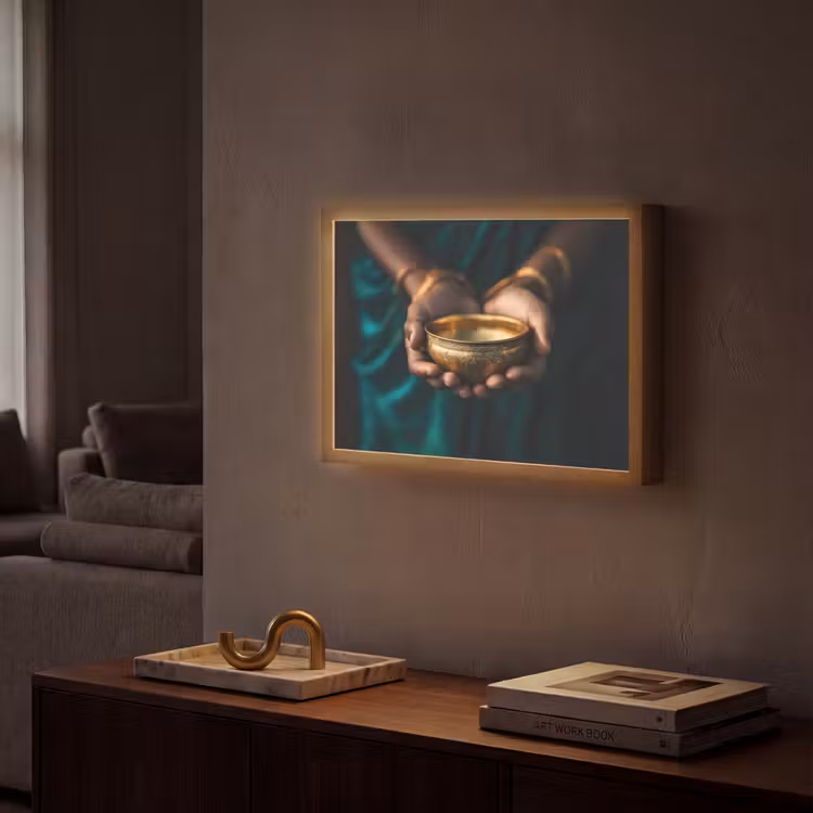 Goud - Kom - Blauw Light Box met batterij (Wandlamp) middel -sfeer1