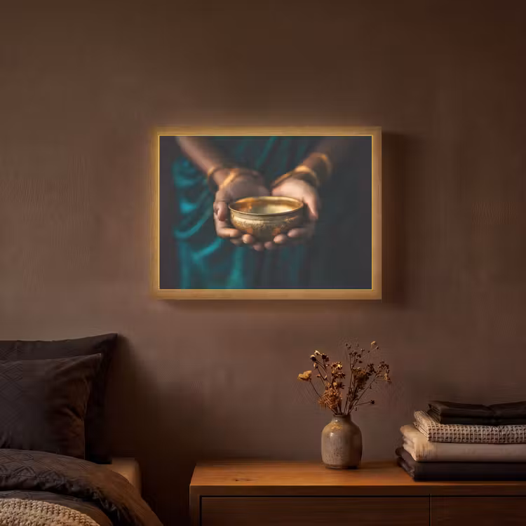 Goud - Kom - Blauw Light Box met batterij (Wandlamp) middel -sfeer4