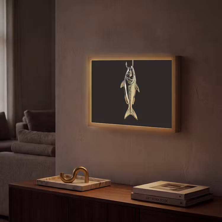 Goud - Vis - Haak - Zwart Light Box met batterij (Wandlamp) middel -sfeer1