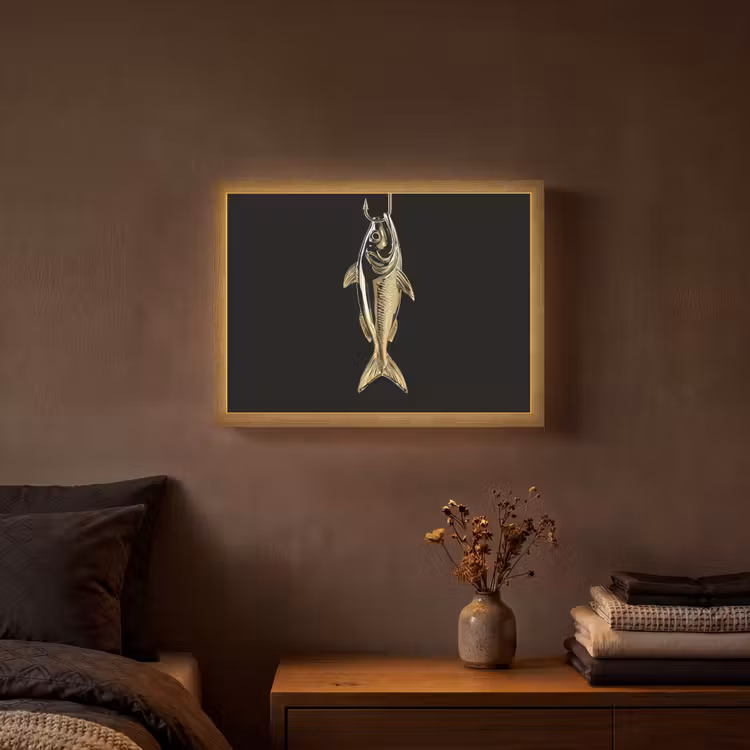Goud - Vis - Haak - Zwart Light Box met batterij (Wandlamp) middel -sfeer4