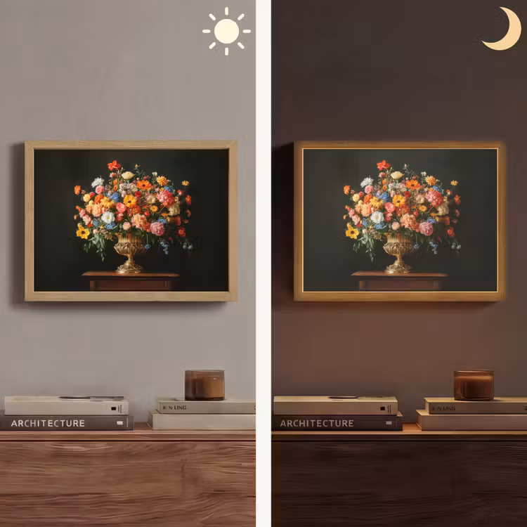 Goud - Bloemen - Kleuren - Vaas Light Box met batterij (Wandlamp) middel -sfeer3
