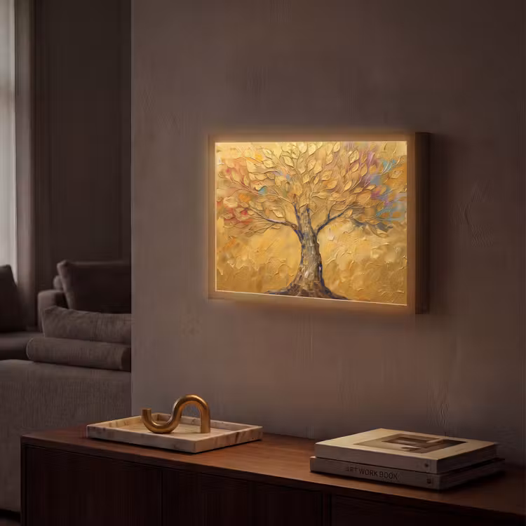 Goud - Boom - Abstract - Modern Light Box met batterij (Wandlamp) middel -sfeer1