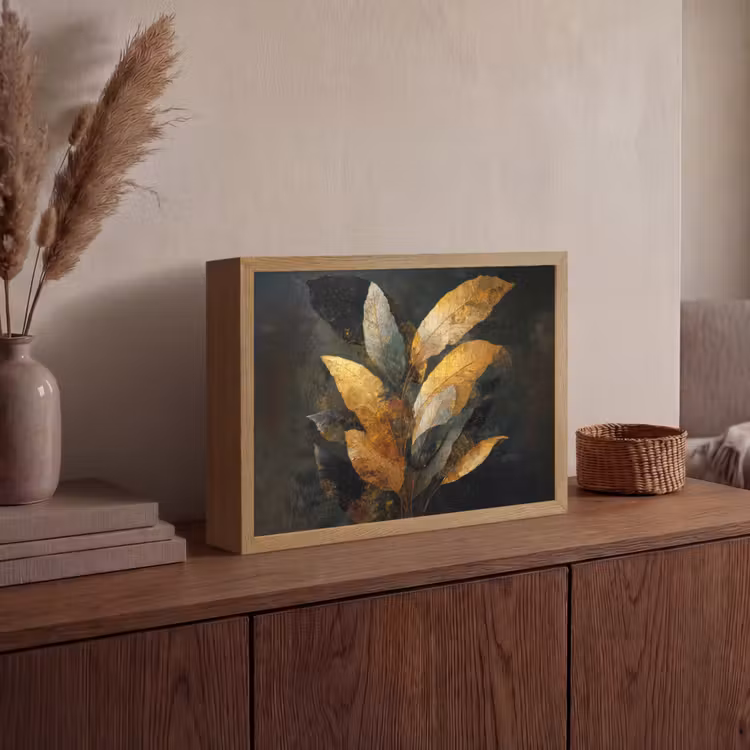 Gouden Bladcompositie – Botanische Luxe Light Box met batterij (Wandlamp) middel -sfeer2