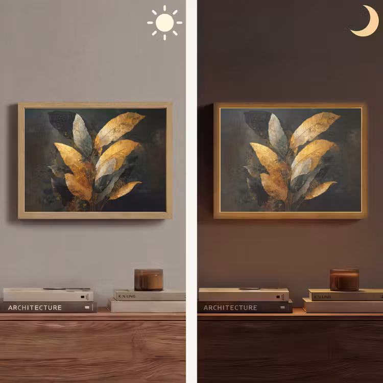 Gouden Bladcompositie – Botanische Luxe Light Box met batterij (Wandlamp) middel -sfeer3