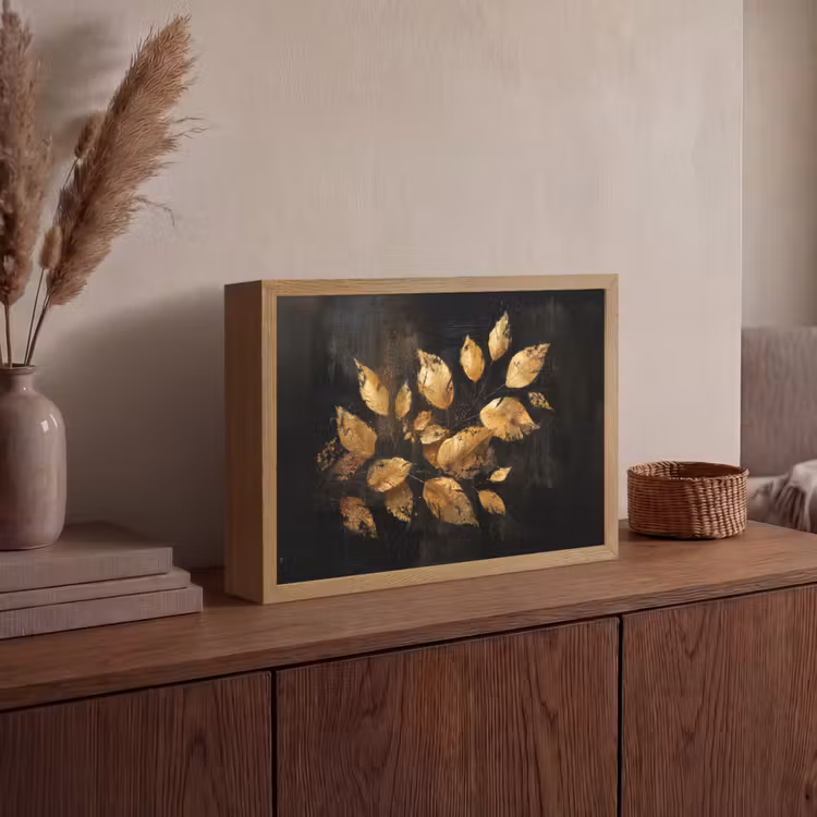 Gouden Bladeren op Donkere Achtergrond Light Box met batterij (Wandlamp) middel -sfeer2