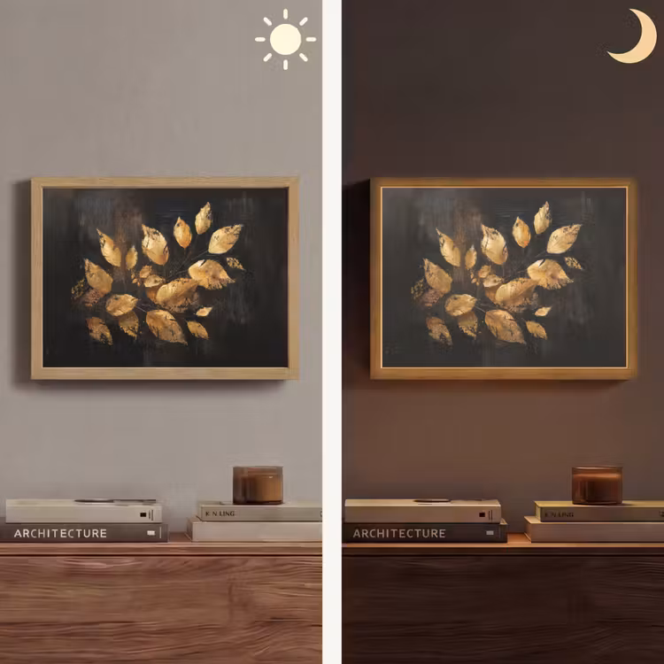 Gouden Bladeren op Donkere Achtergrond Light Box met batterij (Wandlamp) middel -sfeer3