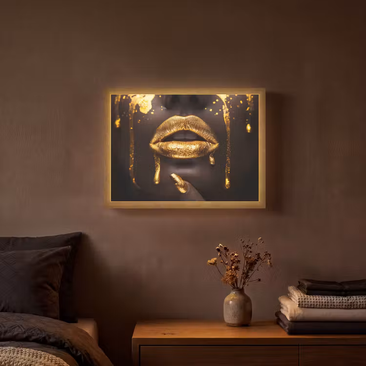 Gouden lippen - Gezicht - Vrouw - Modern Light Box met batterij (Wandlamp) middel -sfeer4