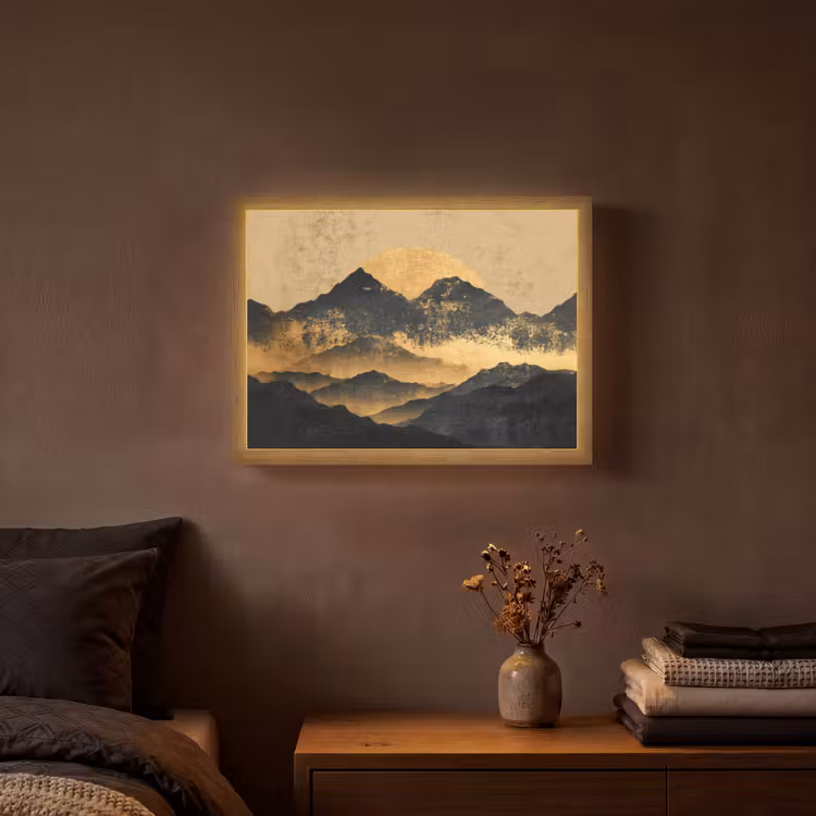 Gouden Bergen bij Maanlicht Light Box met batterij (Wandlamp) middel -sfeer4