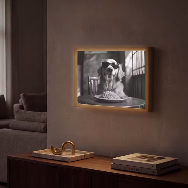 Golden Retriever - Hond - Vrolijk -  Bord spaghetti - Zwart - wit Light Box met batterij (Wandlamp) middel -sfeer1