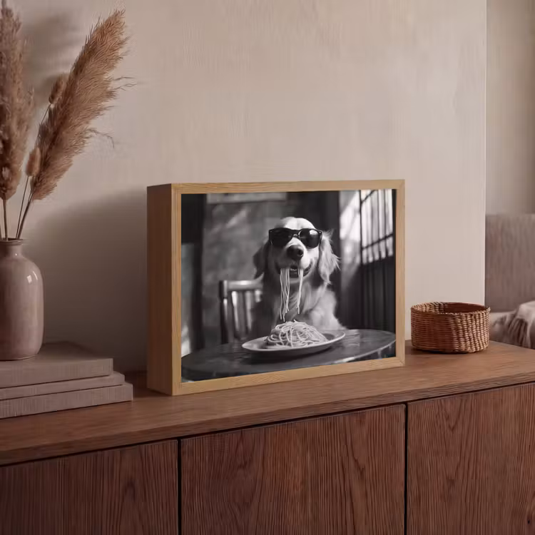 Golden Retriever - Hond - Vrolijk -  Bord spaghetti - Zwart - wit Light Box met batterij (Wandlamp) middel -sfeer2