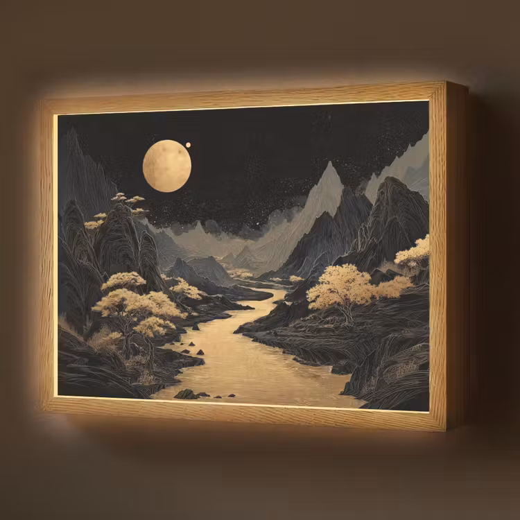 Gouden rivier - Bergen - Maan - Sterrenhemel Light Box met batterij (Wandlamp) middel -z3d_website