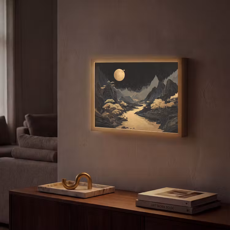 Gouden rivier - Bergen - Maan - Sterrenhemel Light Box met batterij (Wandlamp) middel -sfeer1