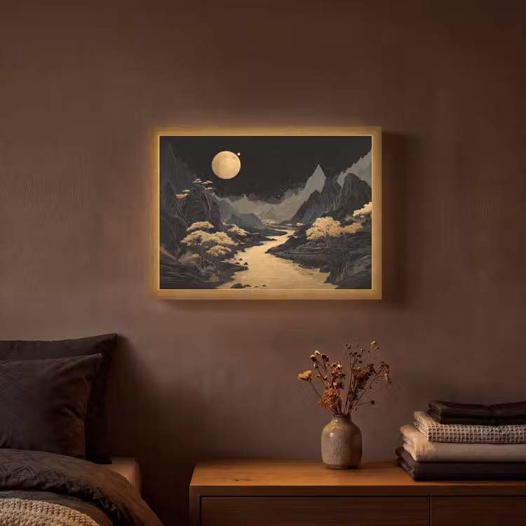 Gouden rivier - Bergen - Maan - Sterrenhemel Light Box met batterij (Wandlamp) middel -sfeer4