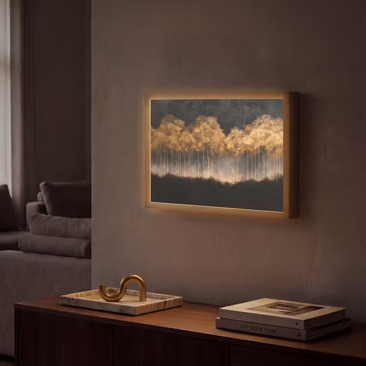 Gouden Bomen in Mistig Landschap Light Box met batterij (Wandlamp) middel -sfeer1