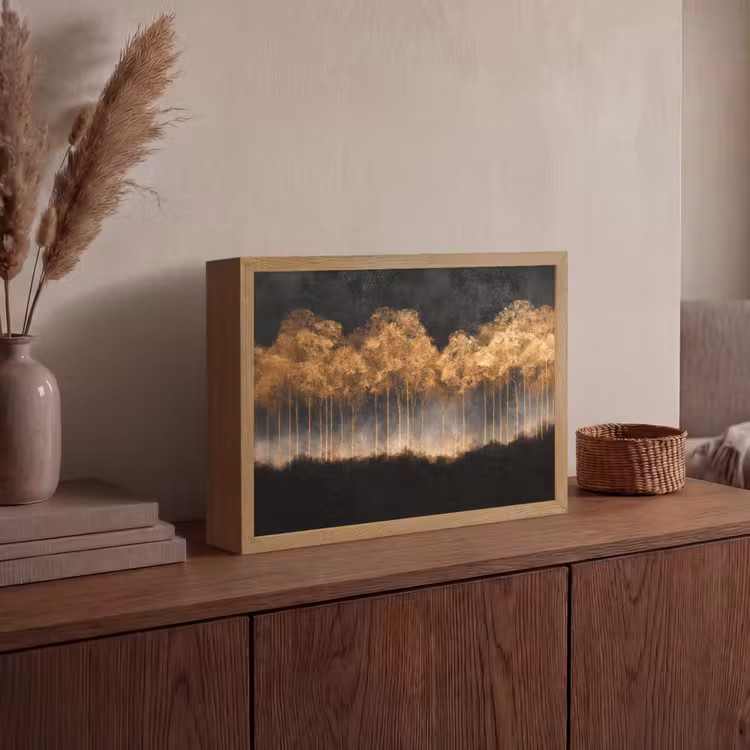Gouden Bomen in Mistig Landschap Light Box met batterij (Wandlamp) middel -sfeer2