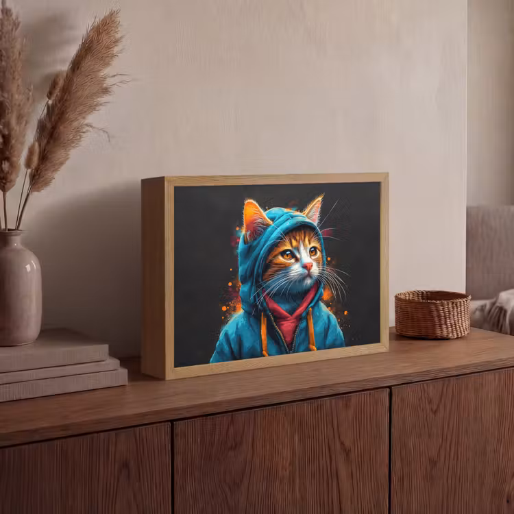 Graffiti - Kat - Zwart - Jas - Street art Light Box met batterij (Wandlamp) middel -sfeer2