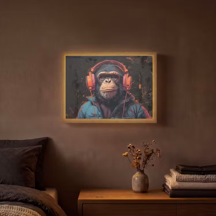 Graffiti - Chimpansee - Koptelefoon - Aap Light Box met batterij (Wandlamp) middel -sfeer4