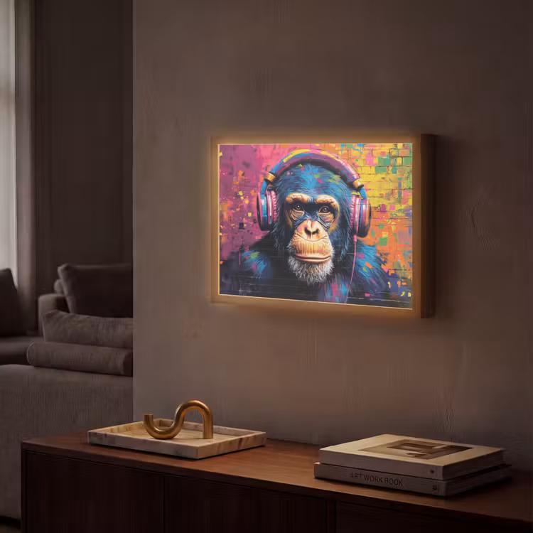 Graffiti - Chimpansee - Street art - Koptelefoon - Aap Light Box met batterij (Wandlamp) middel -sfeer1