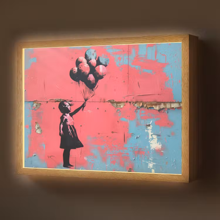 Graffiti - Meisje - Ballon - Roze - Blauw - Street art Light Box met batterij (Wandlamp) middel -z3d_website