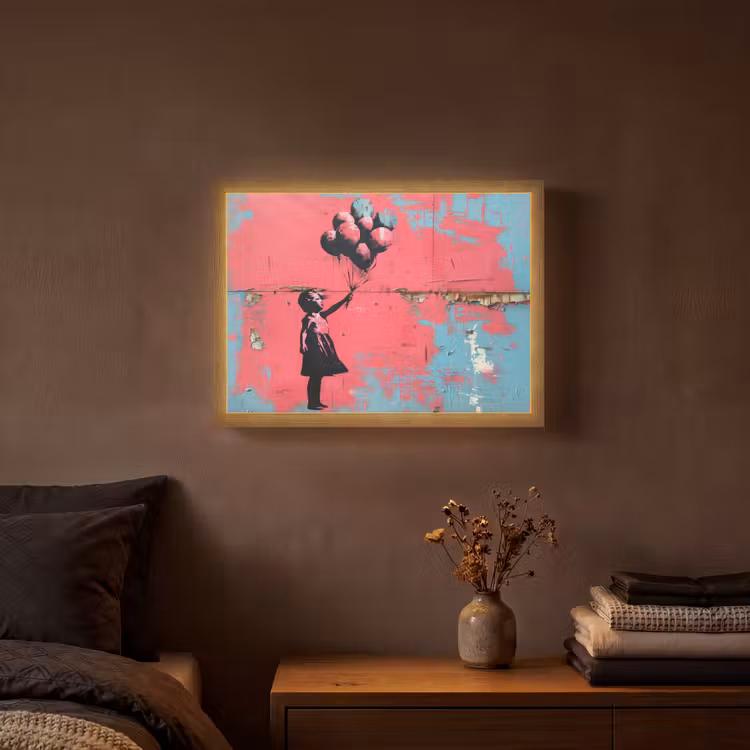 Graffiti - Meisje - Ballon - Roze - Blauw - Street art Light Box met batterij (Wandlamp) middel -sfeer4