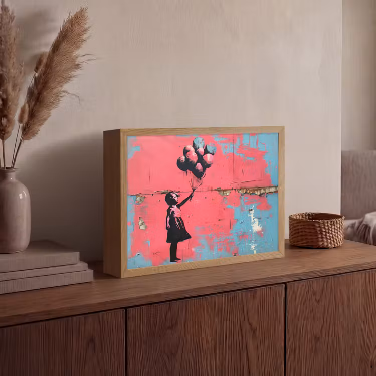Graffiti - Meisje - Ballon - Roze - Blauw - Street art Light Box met batterij (Wandlamp) middel -sfeer2