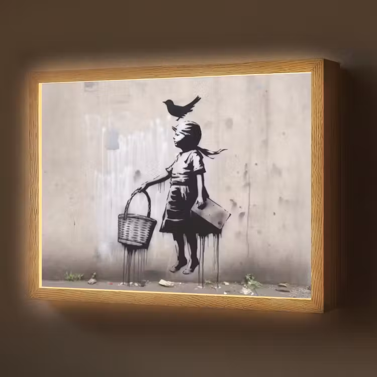 Graffiti - Meisje - Vogel - Street Art - Banksy Style Light Box met batterij (Wandlamp) middel -z3d_website
