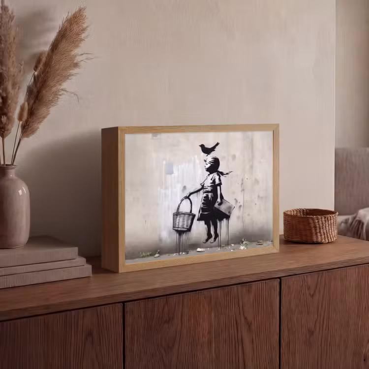 Graffiti - Meisje - Vogel - Street Art - Banksy Style Light Box met batterij (Wandlamp) middel -sfeer2