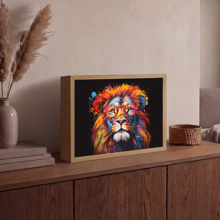 Graffiti - Leeuw - Bril - Zwart - Kleurrijk Light Box met batterij (Wandlamp) middel -sfeer2