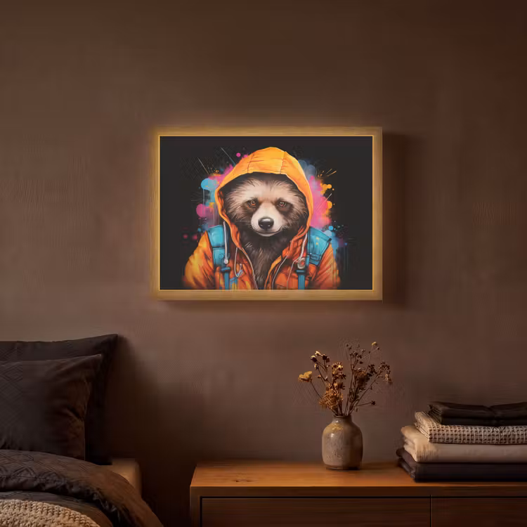 Graffiti - Wasbeer - Jas - Zwart Light Box met batterij (Wandlamp) middel -sfeer4