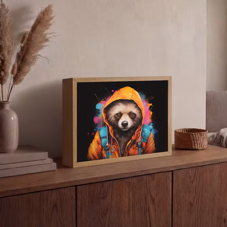 Graffiti - Wasbeer - Jas - Zwart Light Box met batterij (Wandlamp) middel -sfeer2