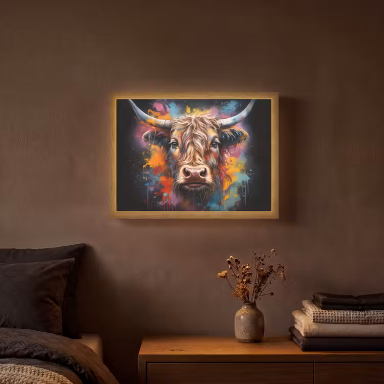 Graffiti - Schotse hooglander - Zwart - Koe Light Box met batterij (Wandlamp) middel -sfeer4