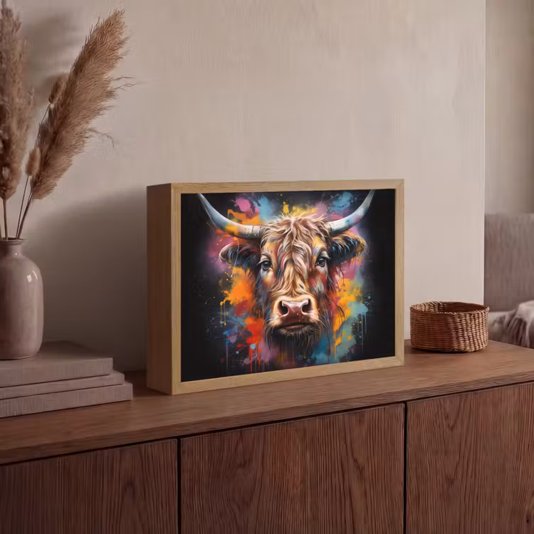 Graffiti - Schotse hooglander - Zwart - Koe Light Box met batterij (Wandlamp) middel -sfeer2