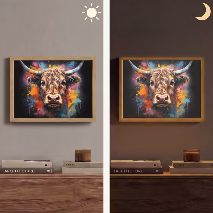 Graffiti - Schotse hooglander - Zwart - Koe Light Box met batterij (Wandlamp) middel -sfeer3