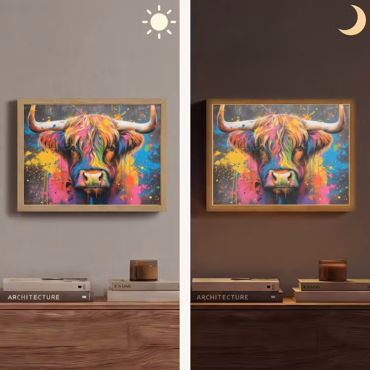 Graffiti - Schotse hooglander - Koe - Kleurrijk Light Box met batterij (Wandlamp) middel -sfeer3