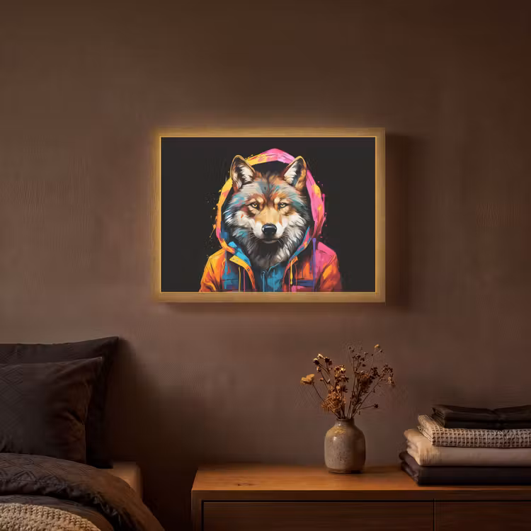 Graffiti - Wolf - Jas - Zwart Light Box met batterij (Wandlamp) middel -sfeer4