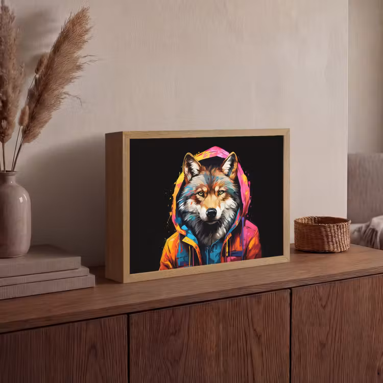Graffiti - Wolf - Jas - Zwart Light Box met batterij (Wandlamp) middel -sfeer2