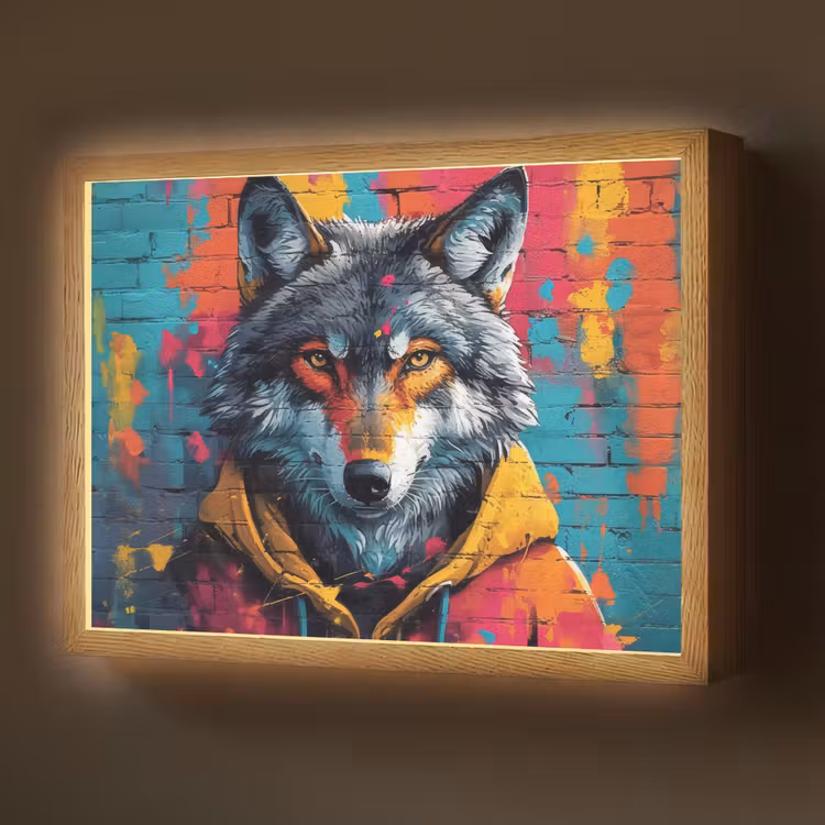 Graffiti - Wolf - Street art - Blauw Light Box met batterij (Wandlamp) middel -z3d_website