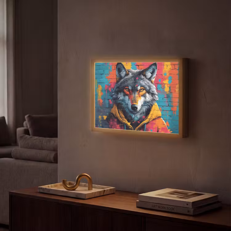 Graffiti - Wolf - Street art - Blauw Light Box met batterij (Wandlamp) middel -sfeer1