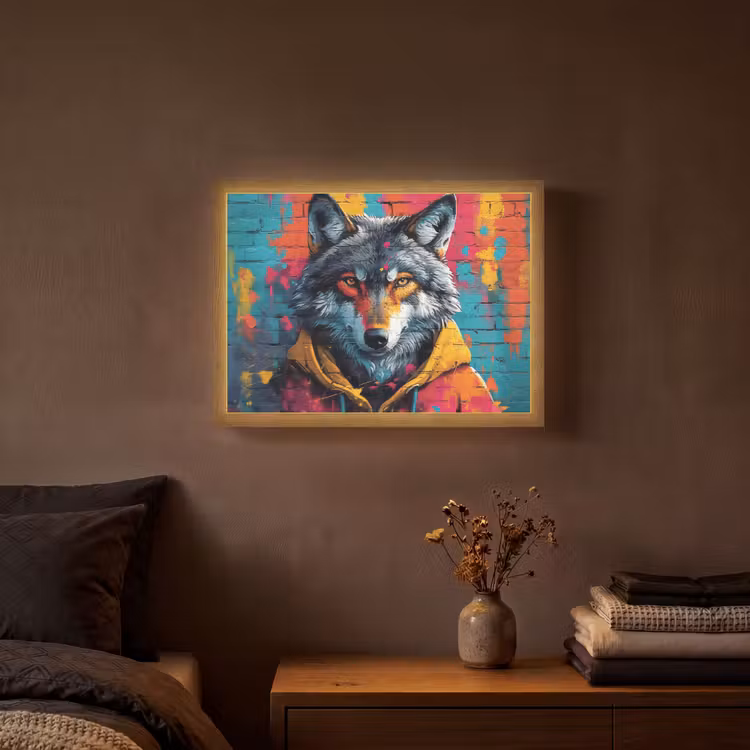 Graffiti - Wolf - Street art - Blauw Light Box met batterij (Wandlamp) middel -sfeer4