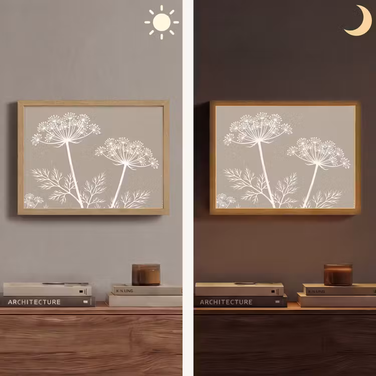 Grafisch - Fluitenkruid - Taupe Light Box met batterij (Wandlamp) middel -sfeer3