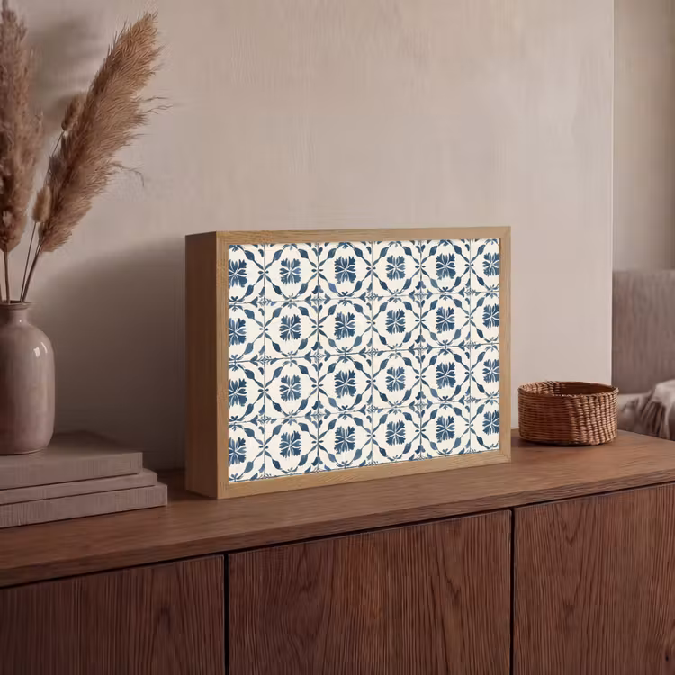 Grafisch - Tegel - Blauw Light Box met batterij (Wandlamp) middel 907 -sfeer2