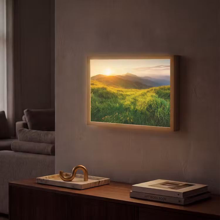 Gras - Heuvels - Zon - Natuur - Landschap Light Box met batterij (Wandlamp) middel -sfeer1