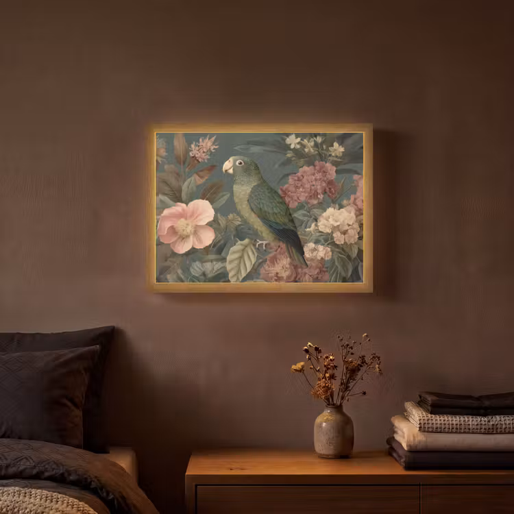 Groene papegaai - Kleurrijke bloemen - Donkere achtergrond Light Box met batterij (Wandlamp) middel -sfeer4