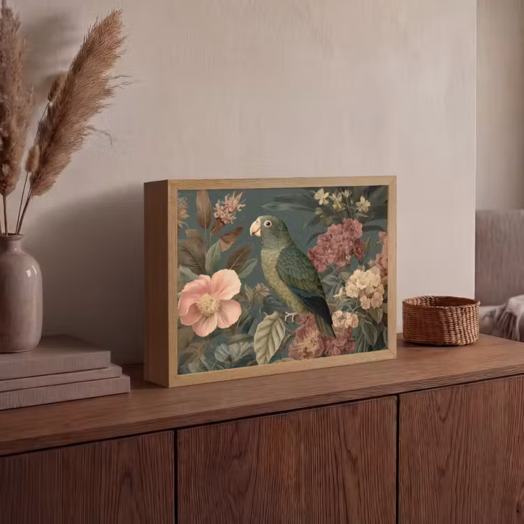 Groene papegaai - Kleurrijke bloemen - Donkere achtergrond Light Box met batterij (Wandlamp) middel -sfeer2