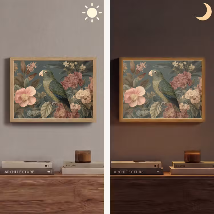 Groene papegaai - Kleurrijke bloemen - Donkere achtergrond Light Box met batterij (Wandlamp) middel -sfeer3