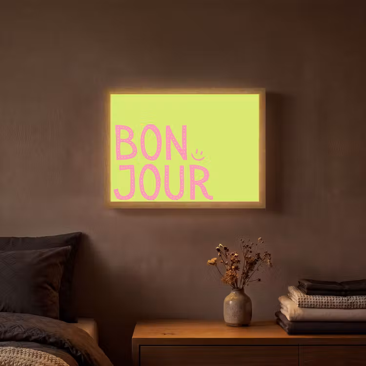 Groen - Smiley - Bonjour - Roze Light Box met batterij (Wandlamp) middel -sfeer4